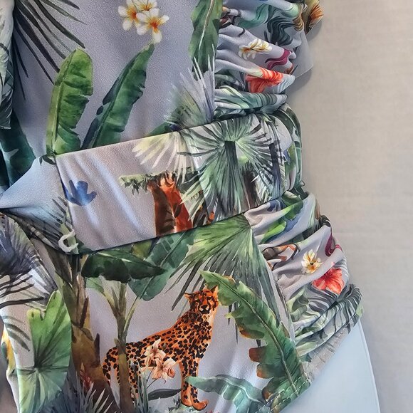 Safari Print Deep-V Ruffle Trim 1pc Swimsuit Side Ruching W/Belt SZ SM - Picture 3 of 6